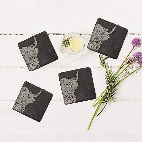 Selbrae House Highland Cow Slate Coasters, Set of 4, Black/Grey, W/D/H: 11.0 x 11.0 x 2.5 cm – 5