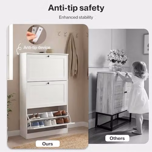 Levede Modern White Slim Shoe Cabinet with Tilting Compartments and Internal Shelves, H 117 x W 80 x D 24 cm – 8