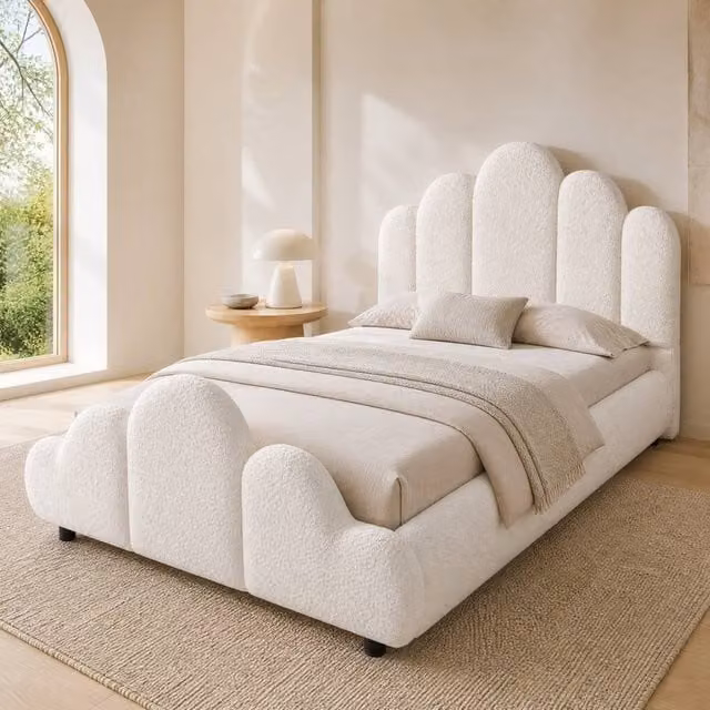 STILVORA Upholstered Bouclé Single Bed Frame in Cream, W/D/H: 90 x 190 x 91.44 cm