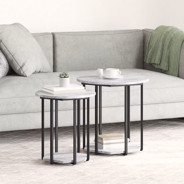 Berkfield Home Set of 2 Modern Round Grey Nested Side Tables with Engineered Wood and Metal Construction – 1