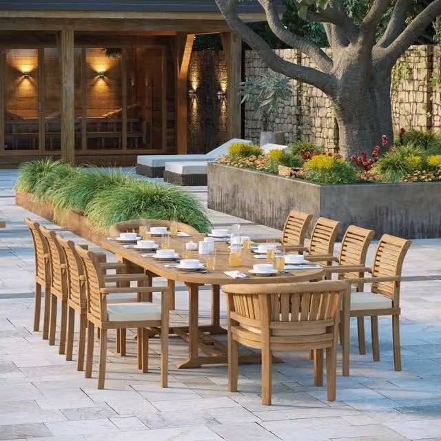 Eterna Milano Teak Garden Dining Table and 10 Chair Set with Black Cushions in Brown and Black