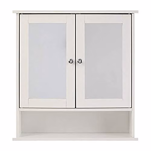 Premier Housewares White Wall Mounted Bathroom Mirror Cabinet with Hinged Mirrored Doors and Internal Shelves, W/D/H: 58 x 13 x 56 cm