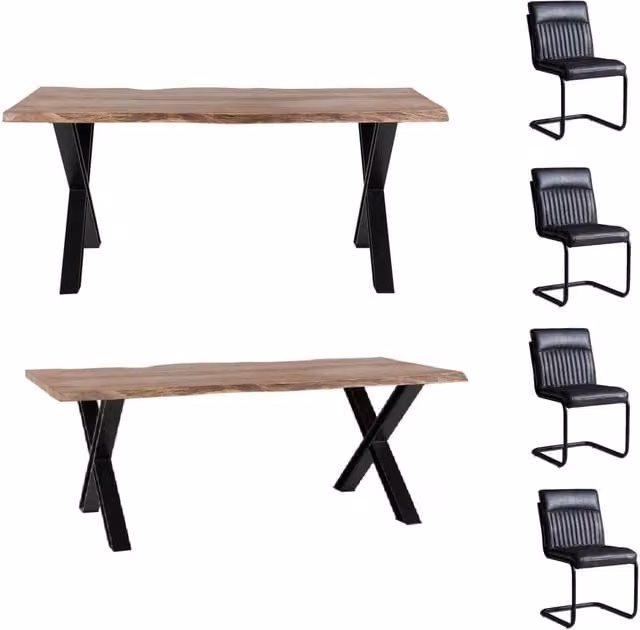 IH Design Live Edge Acacia Wood Dining Set with Rectangular Table, 4 Chairs and 1 Bench in Brown, Grey and Black