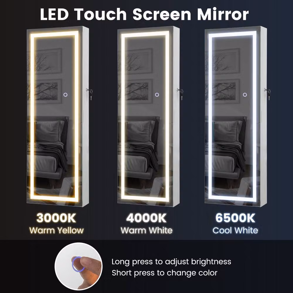 Costway Lockable Jewelry Mirror Cabinet with LED Lighting in White, Height: 108 cm – 6