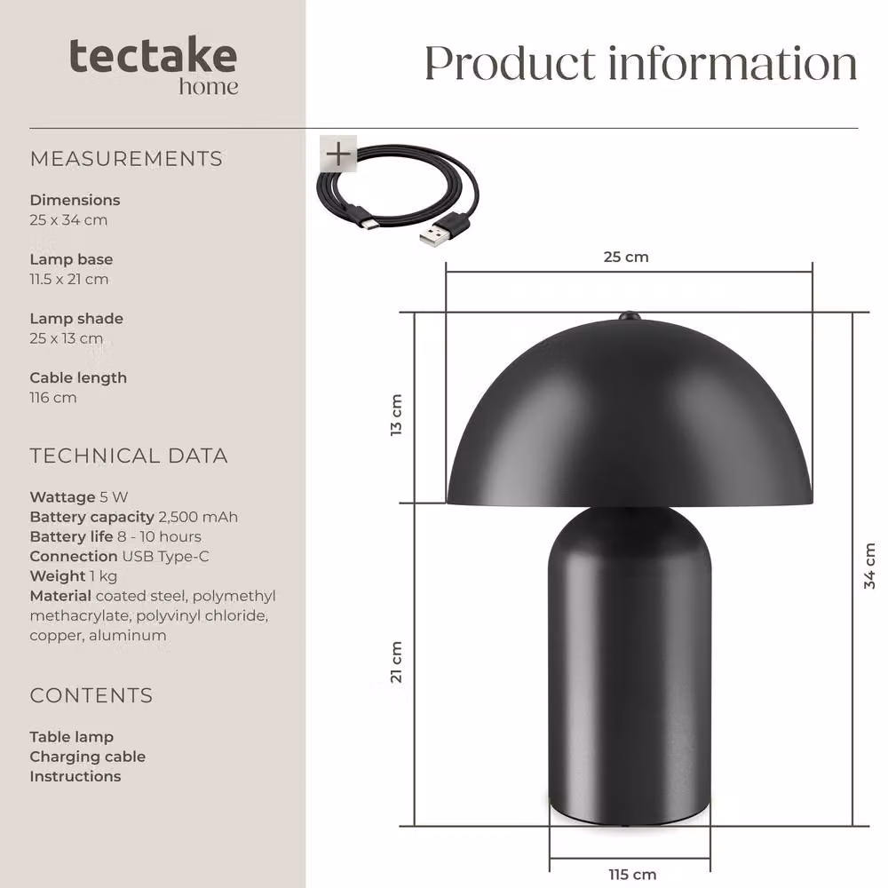 tectake Kade Retro LED Table Lamp in Black with Rechargeable Battery and 3 Brightness Levels – 6