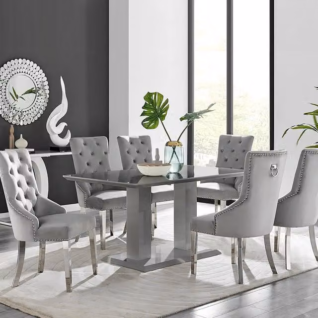 FurnitureboxUK Imperia Grey Rectangular Dining Table and 6 Grey Velvet Belgravia Chairs – 1