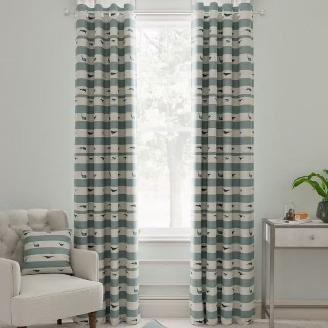 Sophie Allport Whale Stripe Made to Measure Blackout Eyelet Curtains in Deep Duck Egg Blue