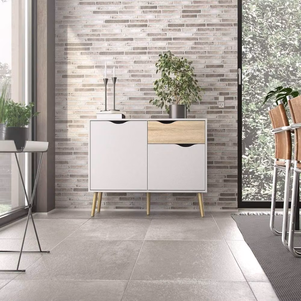 CALICOSY Small Scandinavian Sideboard with 2 Doors and 1 Drawer, White and Oak, W: 98.7 cm – 2