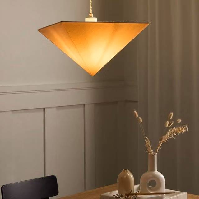 Wyld and Coco Living Adjustable Pendant Lamp with Beige Fabric Shade and Metal Base