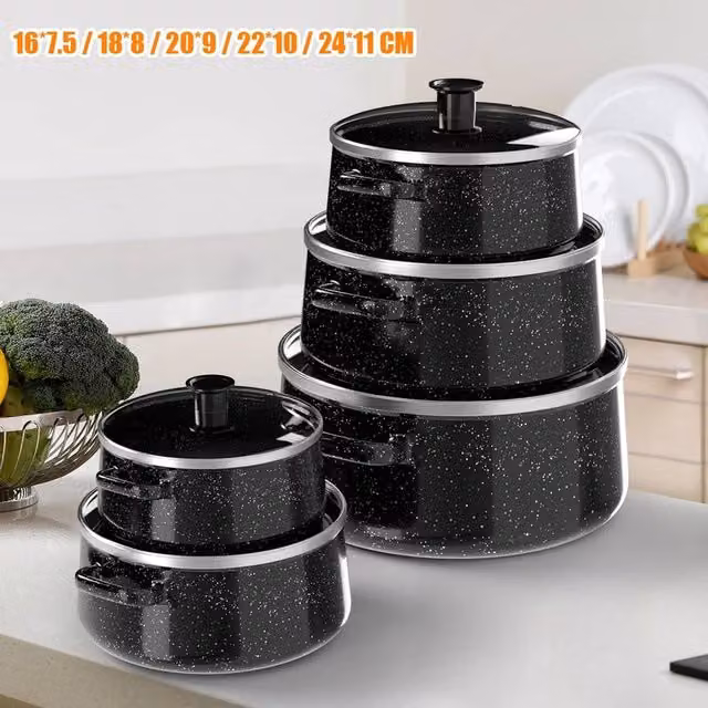 PAWNORA 5-Piece Black Enamel Cookware Set Compatible with Gas and Induction Stoves – 1