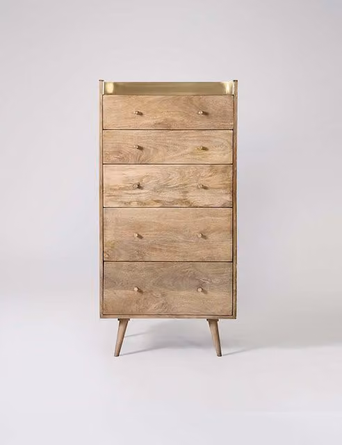 Swoon Fresco Mango Wood 5 Drawer Chest in Light Brown and Gold