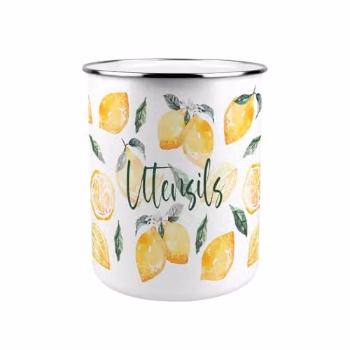 Purely Home Vibrant Lemons Metal Utensil Holder, Yellow and Multicolour, W: 18 cm, D: 16.5 cm, H: 16.5 cm