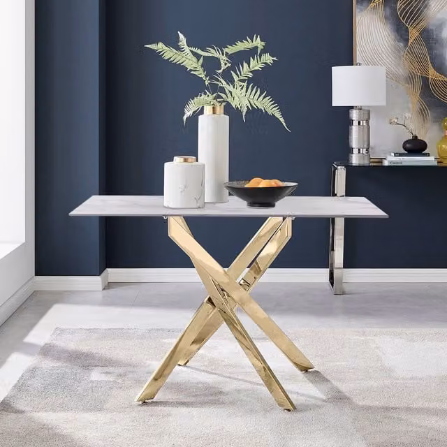 FurnitureboxUK Leonardo 4-Seater Dining Table with White Marble Effect Glass Top and Gold X-Frame Legs