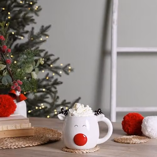 Widdop Jolly Reindeer Face Ceramic Christmas Mug in White, Red and Black – 2