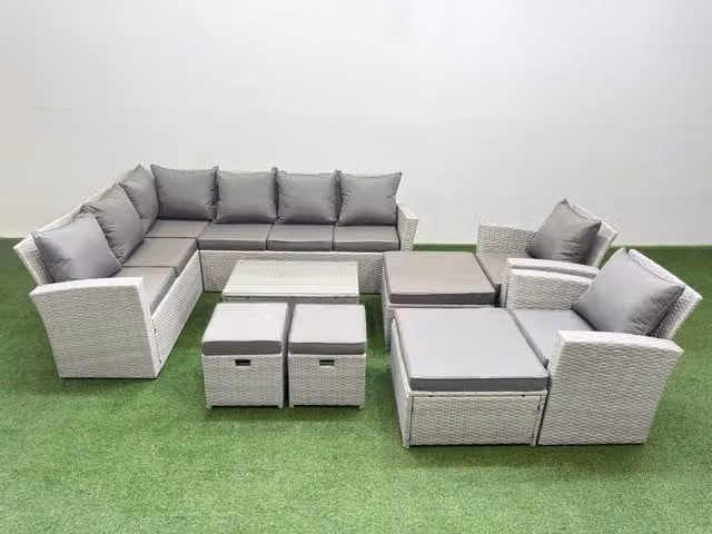 Fimous 12 Seater L-Shape Garden Rattan Furniture Set in Light Grey with Upholstered Cushions and 4 Footstools