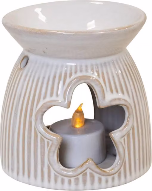 Four Candle White Ceramic Floral Cut-Out Tealight Oil Burner, 10 cm
