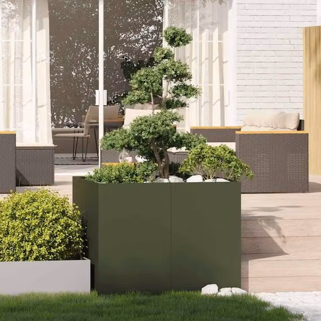 Berkfield Home Steel Planter Tub, Olive Green, W/D/H: 100 x 100 x 80 cm – 1
