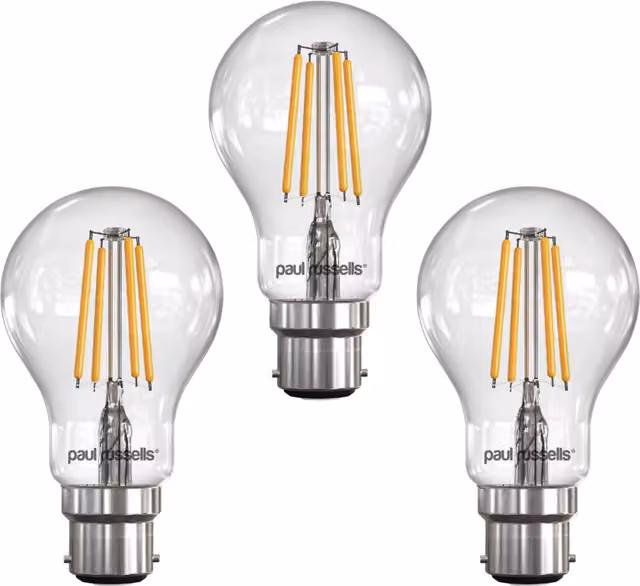 Paul Russells 7W LED Filament Globe Bulb, B22, Dimmable, Warm White, Pack of 3