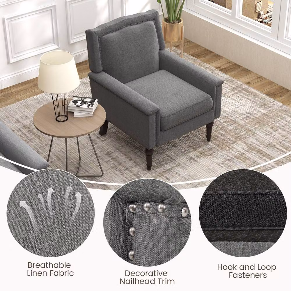Gymax Set of 2 Grey Linen Upholstered Living Room Tub Chairs with Armrests – 7