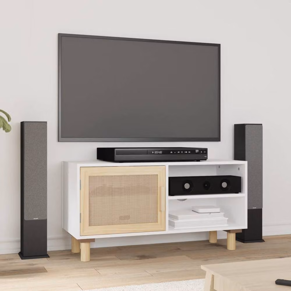 Berkfield Home White Solid Wood Pine and Natural Rattan TV Cabinet W/D/H: 80 x 30 x 40 cm – 2