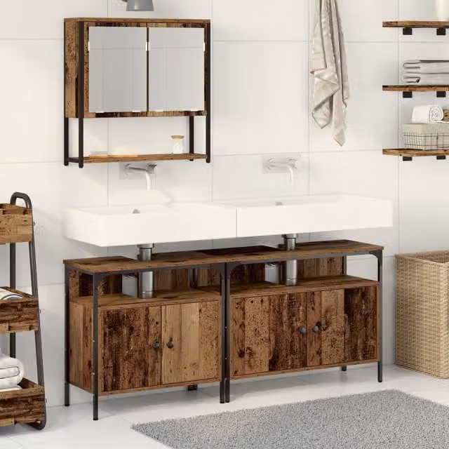Berkfield Home Rustic Bathroom Sink Cabinet with Built-in Basin in Brown Old Wood – 1