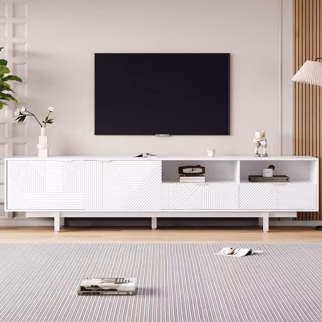 Tokpiedi Modern Geometric Entertainment Center with Storage Cabinets in White, W/D/H: 200 x 40 x 51 cm – 1
