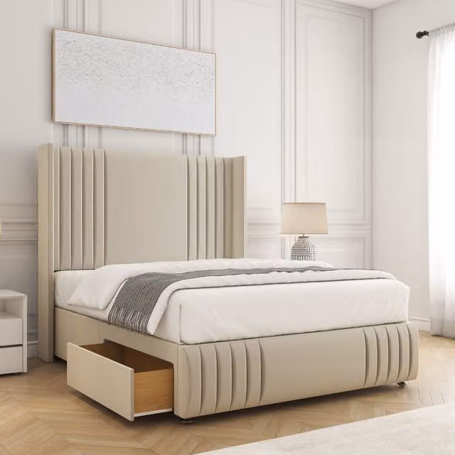 BSSPOKE Peyton King Size Velvet Divan Bed with 54 inch Headboard and 2 Drawers in Beige, W/D/H: 180 x 137 x 30.48 cm