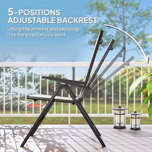 Outsunny Set of 2 Folding Rattan Garden Chairs in Black with 5-Position Reclining High Back and Armrests – 4