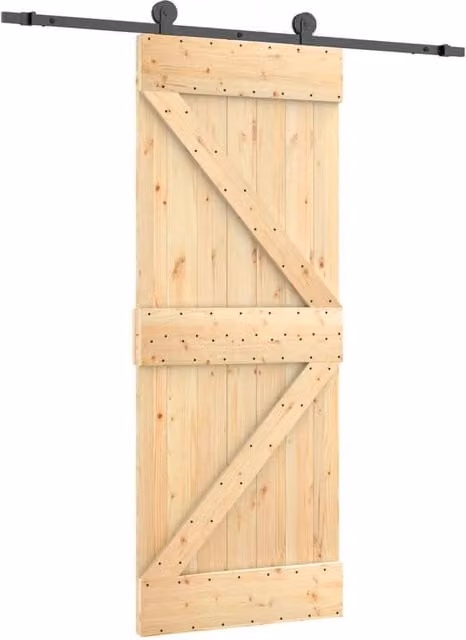 Berkfield Home Rustic Sliding Door with Hardware Set in Natural Solid Pine Wood, W: 70 cm, H: 210 cm