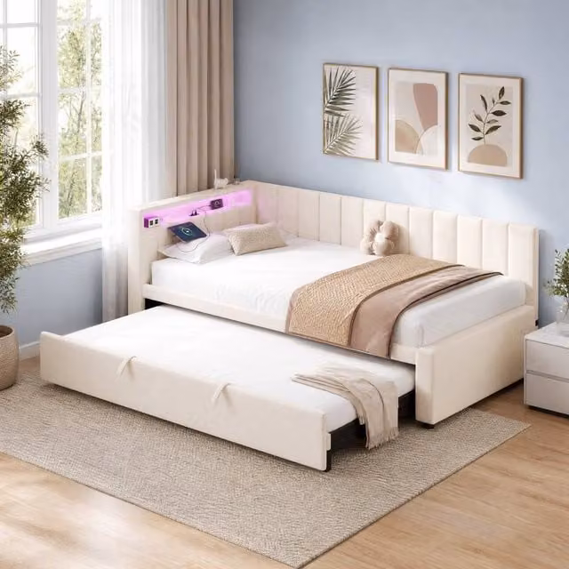 STILVORA 3ft Single Bed Frame with Trundle, Beige Velvet Upholstery, USB Charging Port, Bedside Shelf and Under-bed Lighting, W/D/H: 90 x 190 x 74 cm