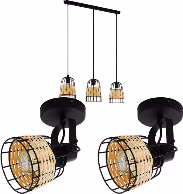 Loops Ceiling Spot Light and 2x Matching Wall Lights in Black Metal and Wicker Wood Shade