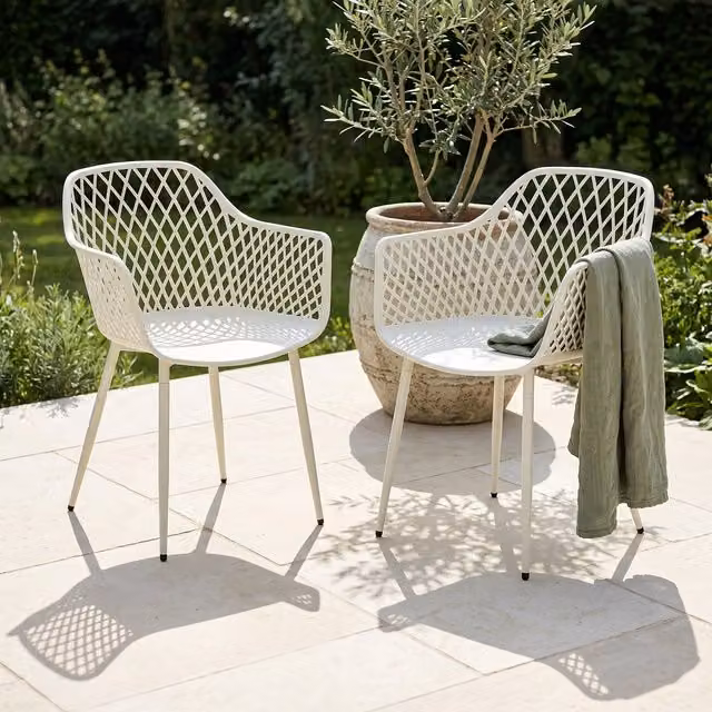 Pair of White Lattice Back Garden Bistro Armchairs