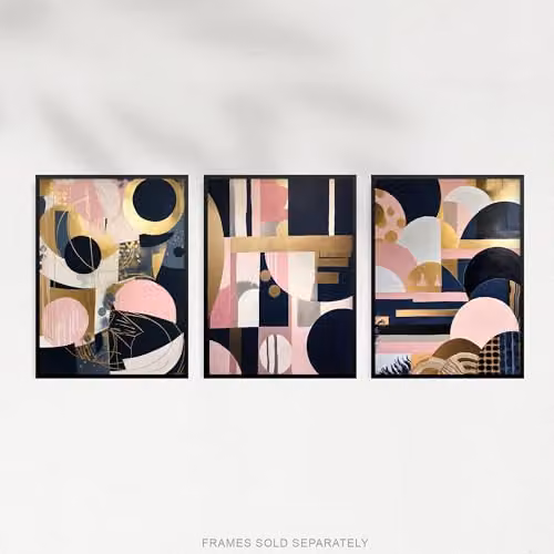 Artery8 Set of 3 A4 Abstract Boho Art Deco Geometric Paper Poster Prints in Gold, Pink, and Navy Blue – 5