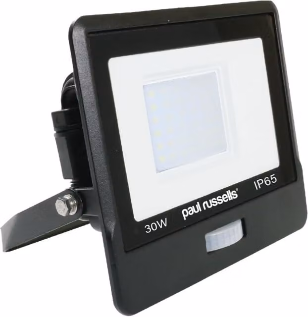 Paul Russells 30W LED Floodlight with PIR Motion Sensor, 3000lm, 6500K Cool White, IP65 Weatherproof, Black or White