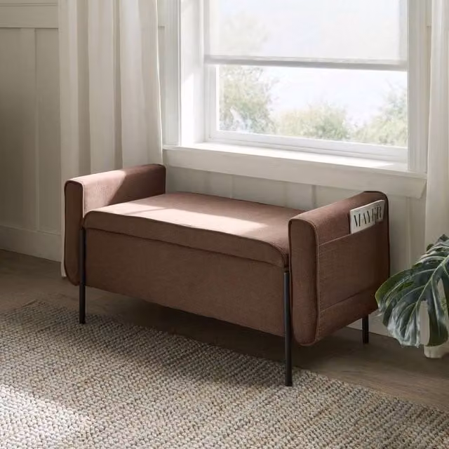 Wyld Haus Arcadia Mid-Century Brown Fabric Lift Up Storage Bench