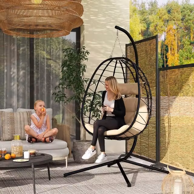 Outsunny Hanging Egg Chair Garden Swing Chair with Cushion in Khaki