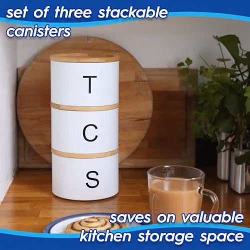 Harbour Housewares 3pc Stackable Tea, Coffee and Sugar Canister Set in Black and White with Airtight Bamboo Lids – 2