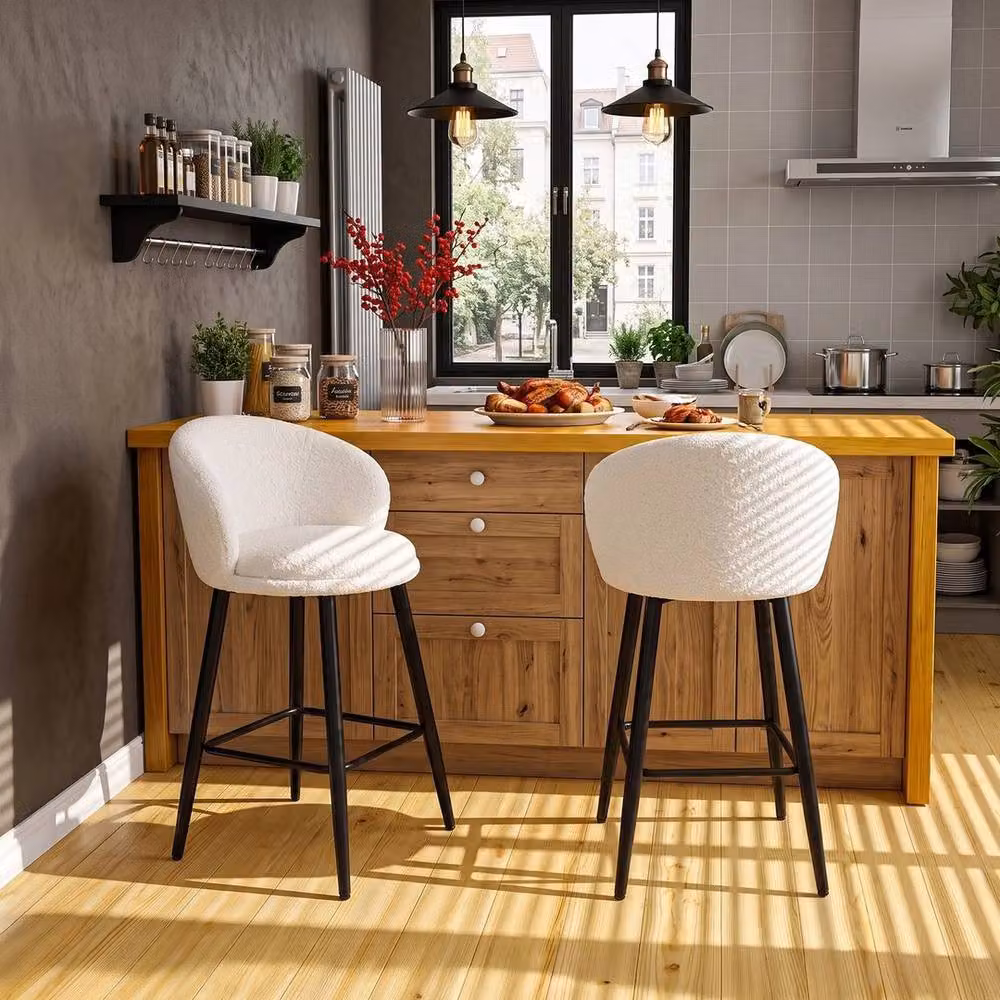 Kelvenix Set of 2 Modern Sherpa Fleece Upholstered Bar Stools in Beige and White with Metal Frames – 2