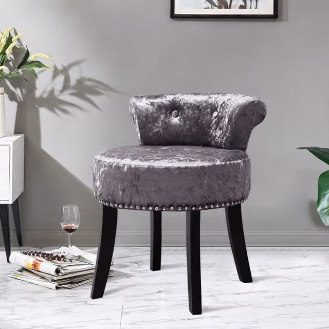 Livingandhome Grey Velvet Upholstered Dressing Table Makeup Stool with Rubberwood Frame
