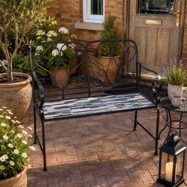 Shatchi Cascade Mosaic 2 Seater Garden Bench in Multicolour Metal and Ceramic Tile, W: 112 cm, H: 96 cm, D: 47 cm