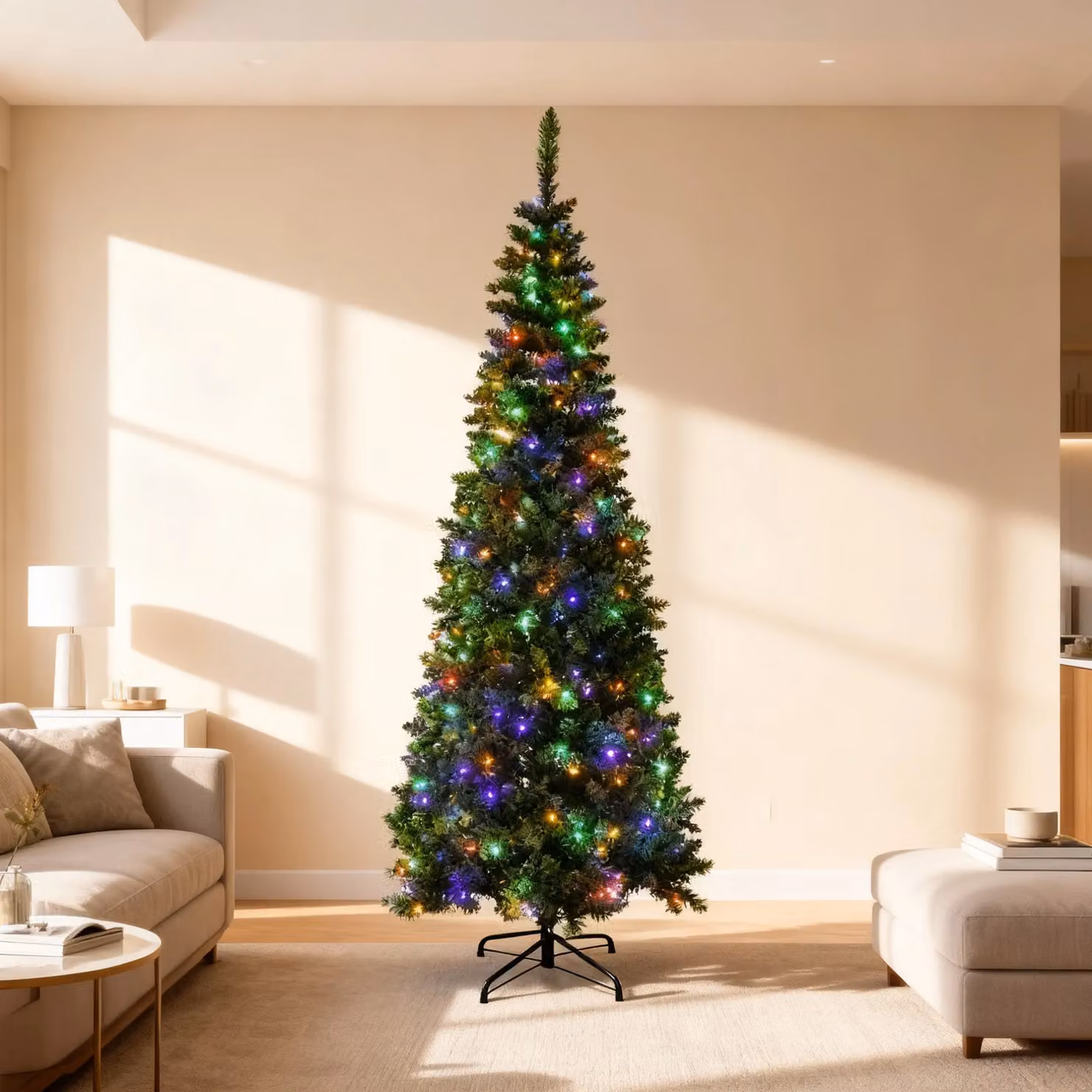 Shatchi Pre-Lit Artificial Slim Green Pencil Christmas Tree with Multicolour LEDs and Metal Stand, 8ft – 5