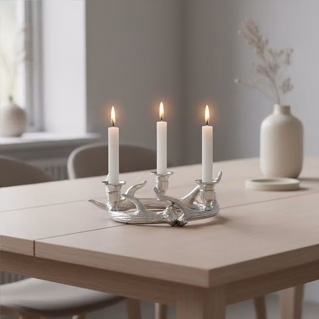 Orsina Silver Metal Antler Wreath 3 Taper Candle Holder