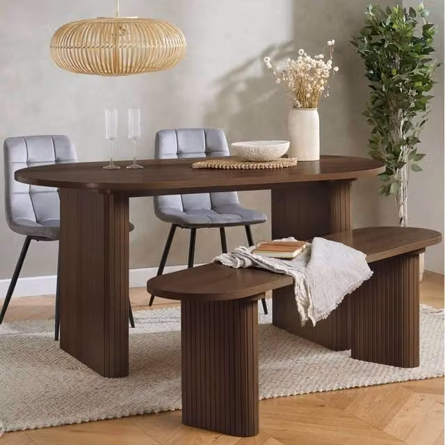 Birlea Axel Oval Fluted Dining Set in Brown Oak with 2 Chairs and 1 Bench