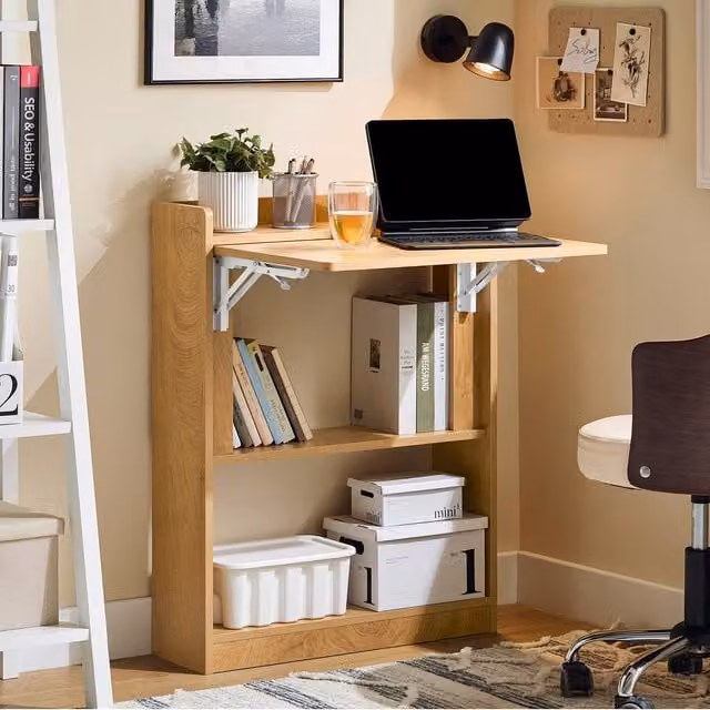 SoBuy Minimalist Wall-Mounted Folding Writing Desk in Light Oak