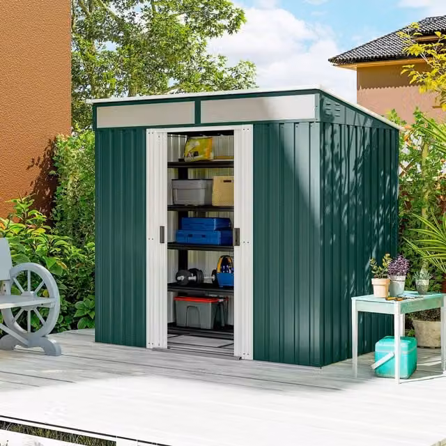 OUTSUNNY Green Metal Garden Tool Shed with Lockable Sliding Doors and Window, W/D/H: 198.12 x 121.92 x 121.92 cm – 1