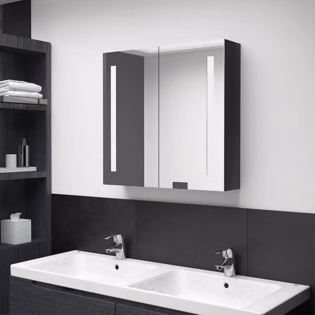Berkfield Home LED Bathroom Mirror Cabinet in Glossy Black, W: 62 cm, H: 60 cm, D: 14 cm