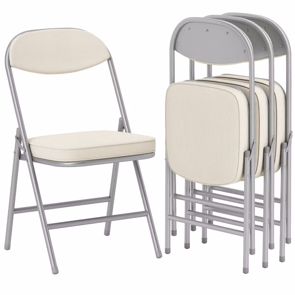 STILVORA Set of 4 White Corduroy Upholstered Folding Chairs with Metal Frame – 4