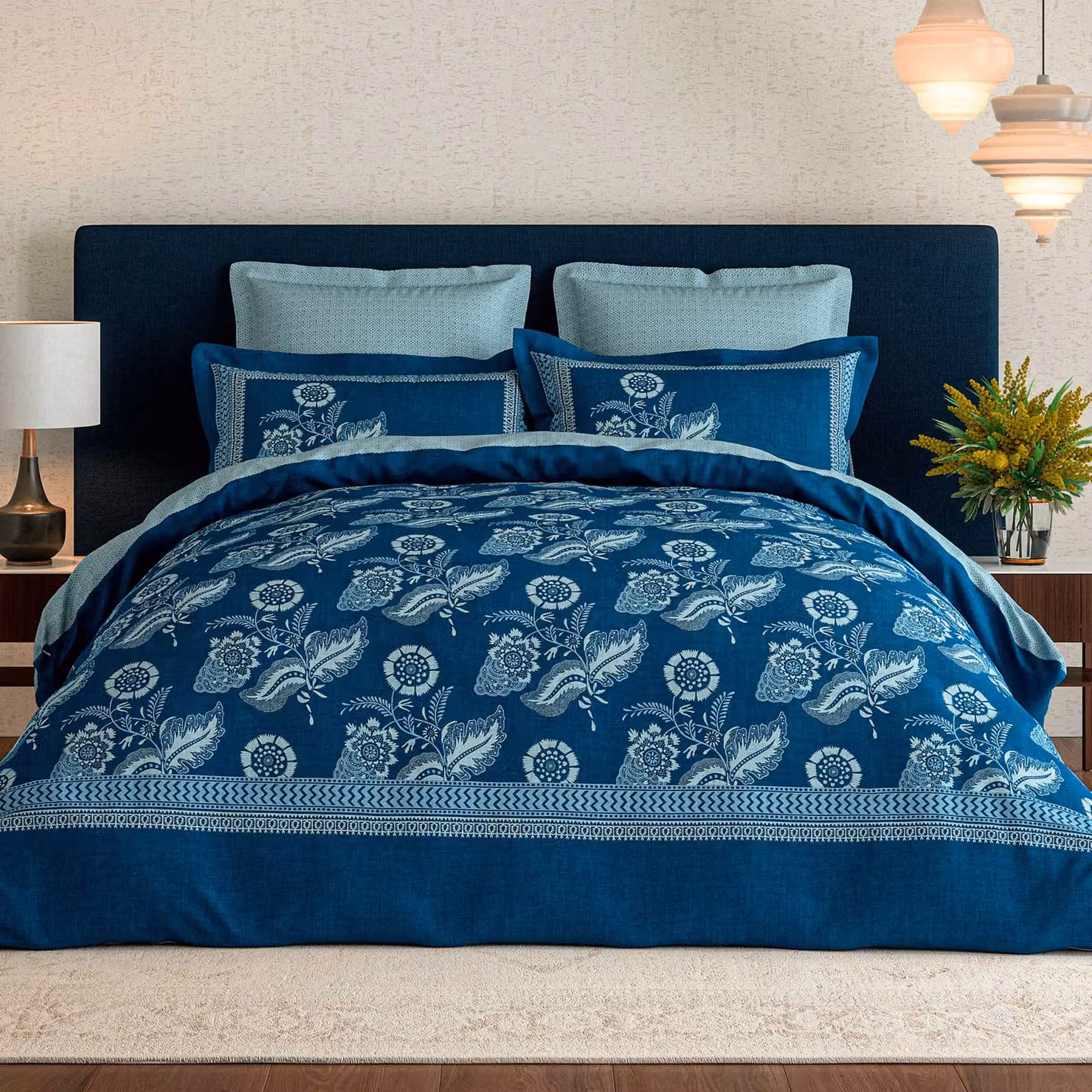 V&A Eastern Bloom Cotton Percale Square Pillowcase Pair in Blue and Turquoise – 1