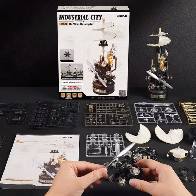 ROKR Da Vinci Helicopter Mechanical Wood Puzzle Kit in Brown
