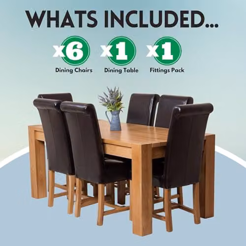 Thats Furniture Kuba Solid Oak Dining Table and 6 Washington Brown Leather Chairs Set, W: 180 cm, D: 90 cm – 3